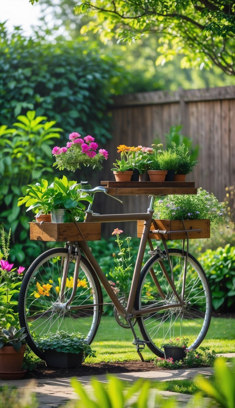10 Upcycled Furniture Garden Ideas to Transform Your Outdoor Space in the US 6 An upcycled bicycle used as a plant stand with potted plants in a garden surrounded by greenery.