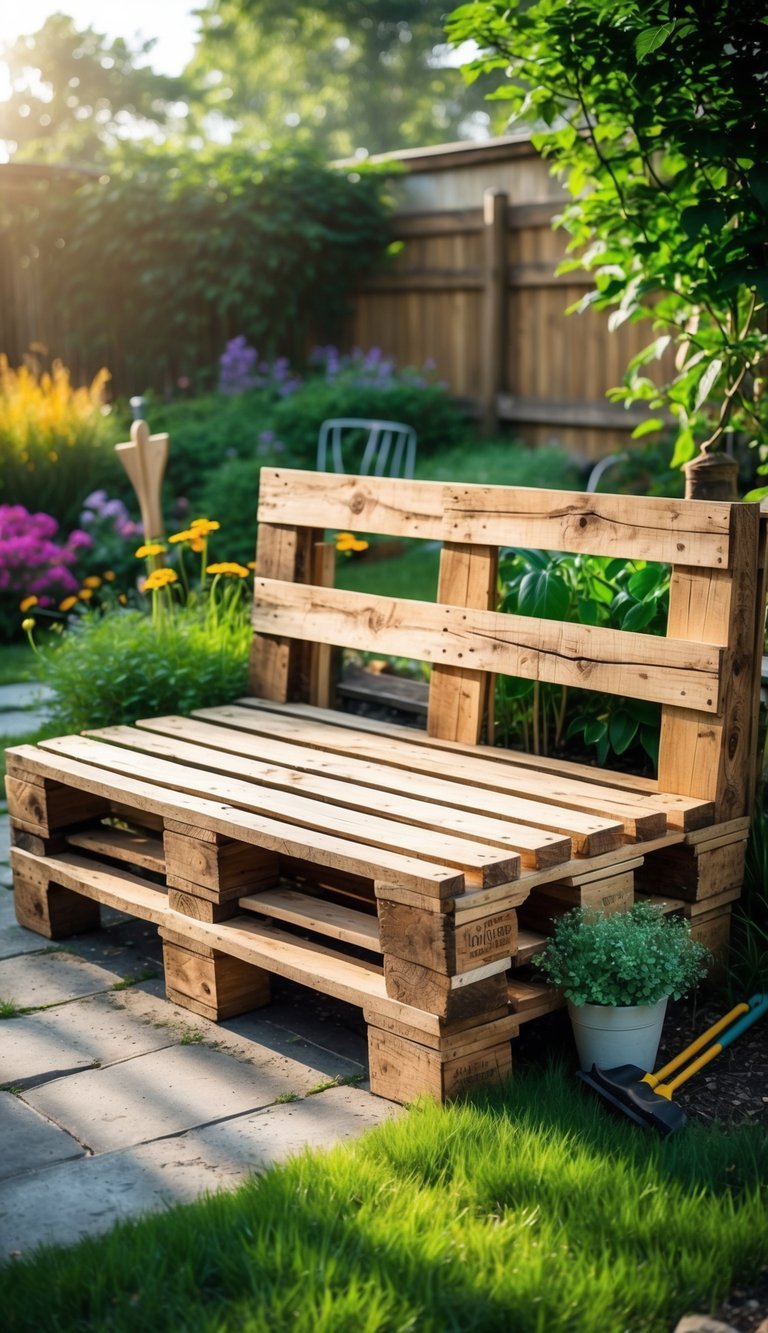 10 Upcycled Furniture Garden Ideas to Transform Your Outdoor Space in the US 7 A wooden pallet bench placed in a garden surrounded by green grass and flowering plants.