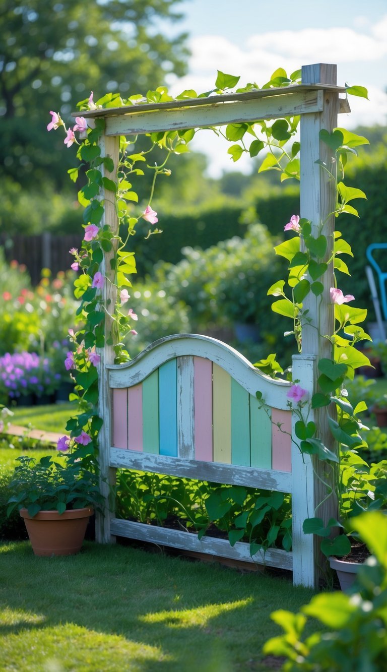 10 Upcycled Furniture Garden Ideas to Transform Your Outdoor Space in the US 8 A wooden headboard used as a garden trellis with climbing vines and flowers in a green garden setting.