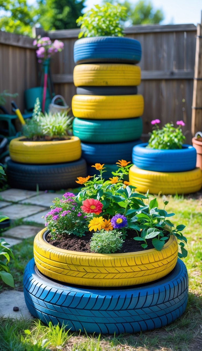 10 Upcycled Furniture Garden Ideas to Transform Your Outdoor Space in the US 9 Outdoor garden with colorful old tires repurposed as planters filled with green plants and flowers.