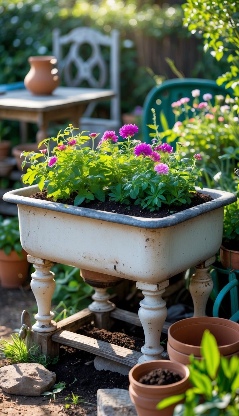 10 Upcycled Furniture Garden Ideas to Transform Your Outdoor Space in the US 10 A vintage sink filled with colorful flowers placed outdoors in a garden setting surrounded by plants and gardening items.