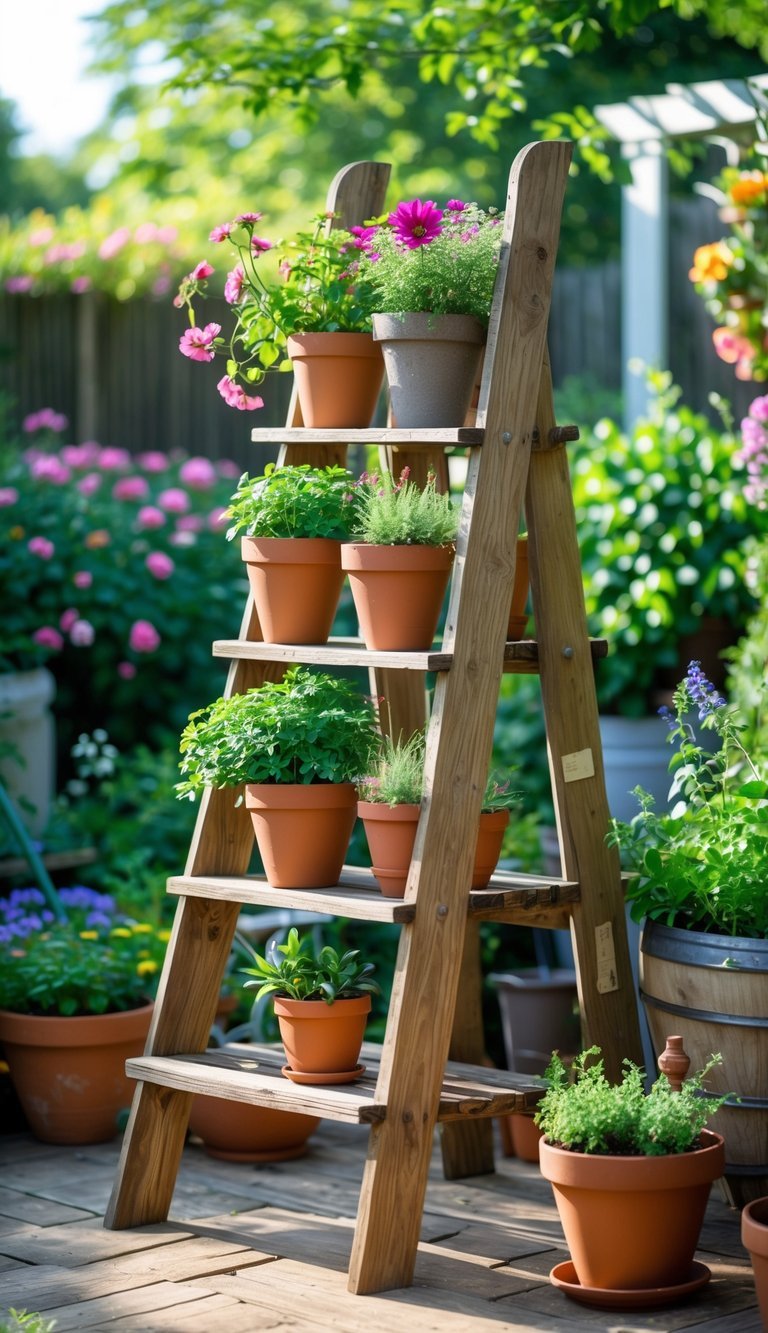 10 Upcycled Furniture Garden Ideas to Transform Your Outdoor Space in the US 11 A wooden ladder used as a plant stand holding several potted plants and flowers in a garden.