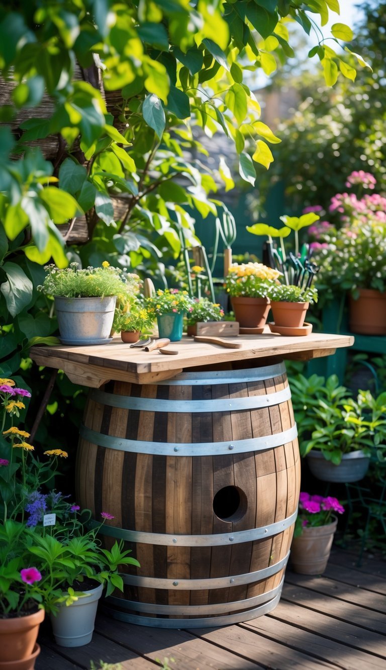 10 Upcycled Furniture Garden Ideas to Transform Your Outdoor Space in the US 12 An outdoor garden scene with a wine barrel used as a table surrounded by plants and flowers.