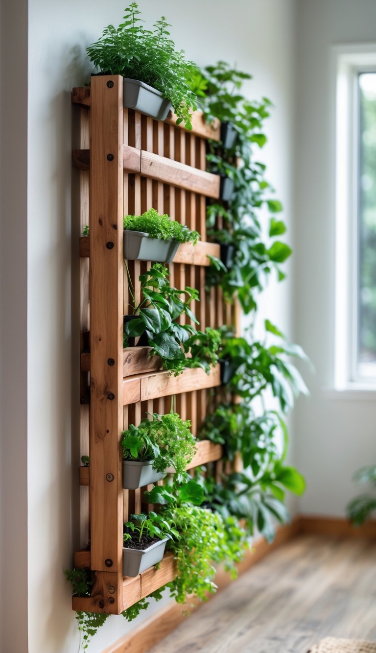 10 Upcycled Furniture Garden Ideas to Transform Your Outdoor Space in the US 13 A vertical garden made from an upcycled wooden crib rail with green plants and flowers growing along its slats indoors.