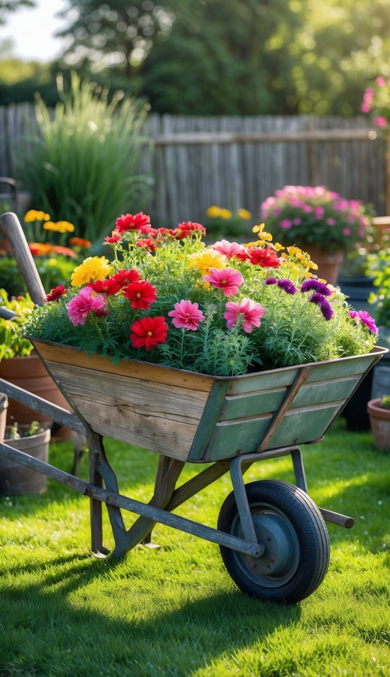 10 Upcycled Furniture Garden Ideas to Transform Your Outdoor Space in the US 14 A rustic wheelbarrow filled with colorful blooming flowers in a garden setting.