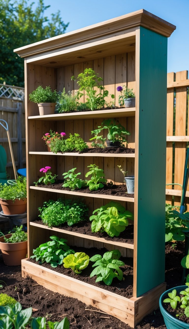 10 Upcycled Furniture Garden Ideas to Transform Your Outdoor Space in the US 15 A bookshelf repurposed as a raised garden bed with various plants growing in its shelves outdoors.