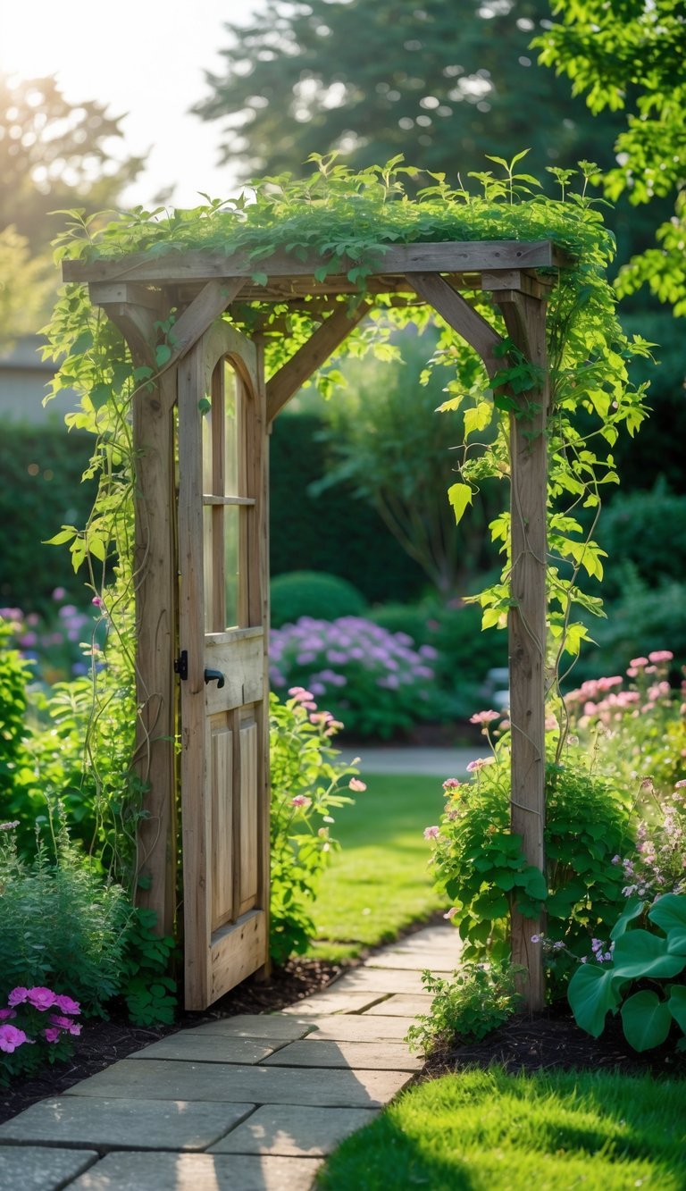 10 Upcycled Furniture Garden Ideas to Transform Your Outdoor Space in the US 16 A garden with an upcycled wooden door frame arbor surrounded by plants and flowers.