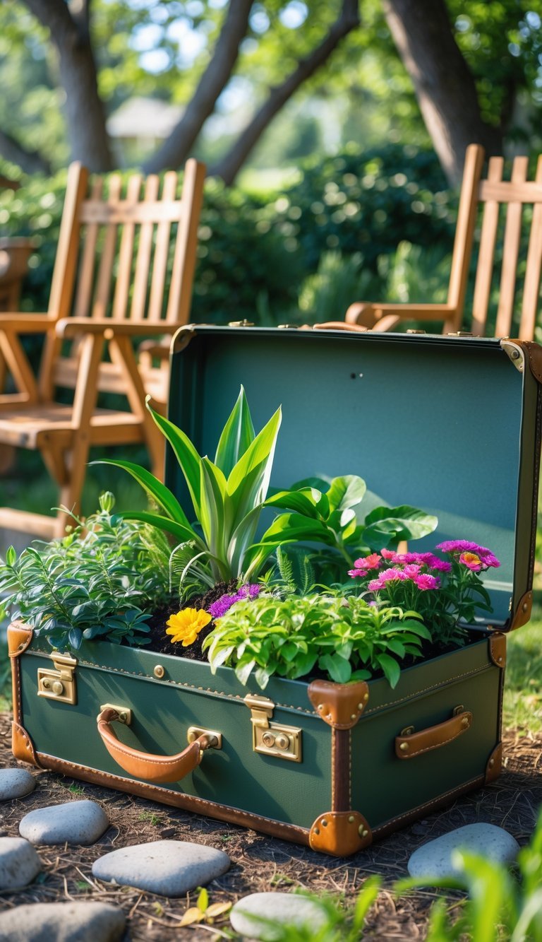 10 Upcycled Furniture Garden Ideas to Transform Your Outdoor Space in the US 17 An open vintage suitcase filled with plants and flowers, placed outdoors in a garden surrounded by greenery.