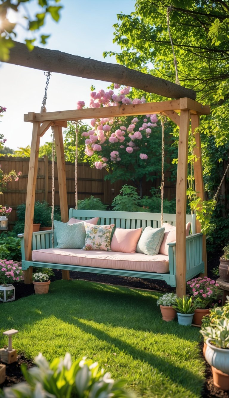 10 Upcycled Furniture Garden Ideas to Transform Your Outdoor Space in the US 18 An upcycled bed frame made into a garden swing with cushions, surrounded by plants and flowers in a sunny garden.