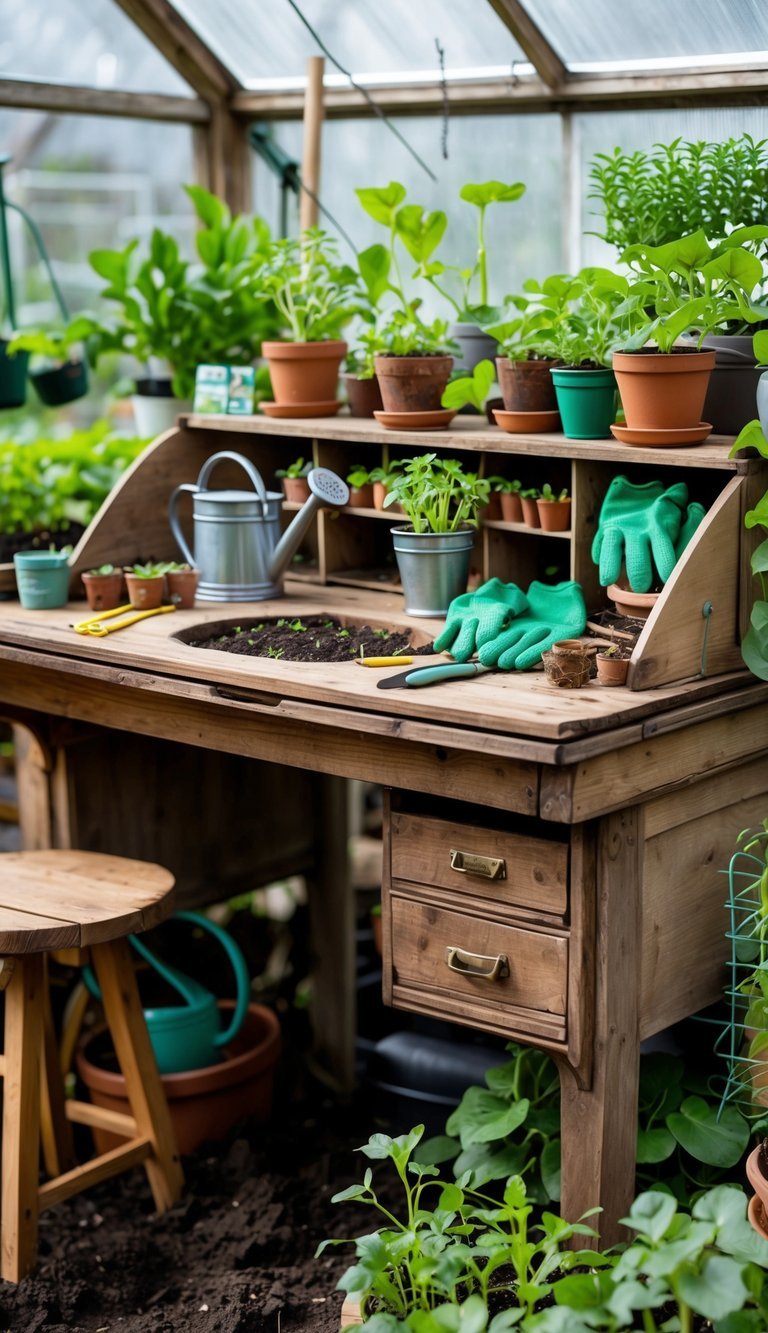 10 Upcycled Furniture Garden Ideas to Transform Your Outdoor Space in the US 19 A wooden desk repurposed as a potting station with gardening tools, small pots, and green plants arranged on and around it.