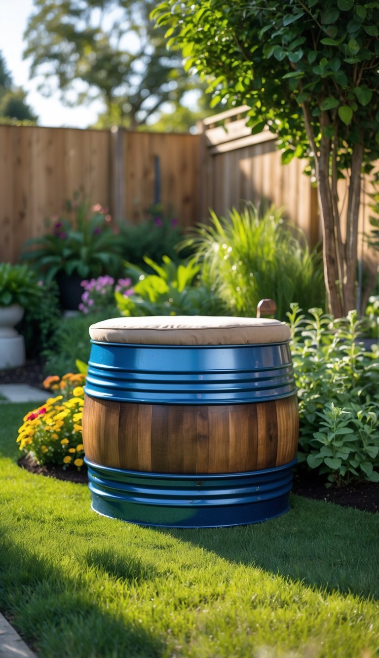 10 Upcycled Furniture Garden Ideas to Transform Your Outdoor Space in the US 20 An outdoor garden with a colorful upcycled drum barrel used as a garden seat surrounded by plants and flowers.