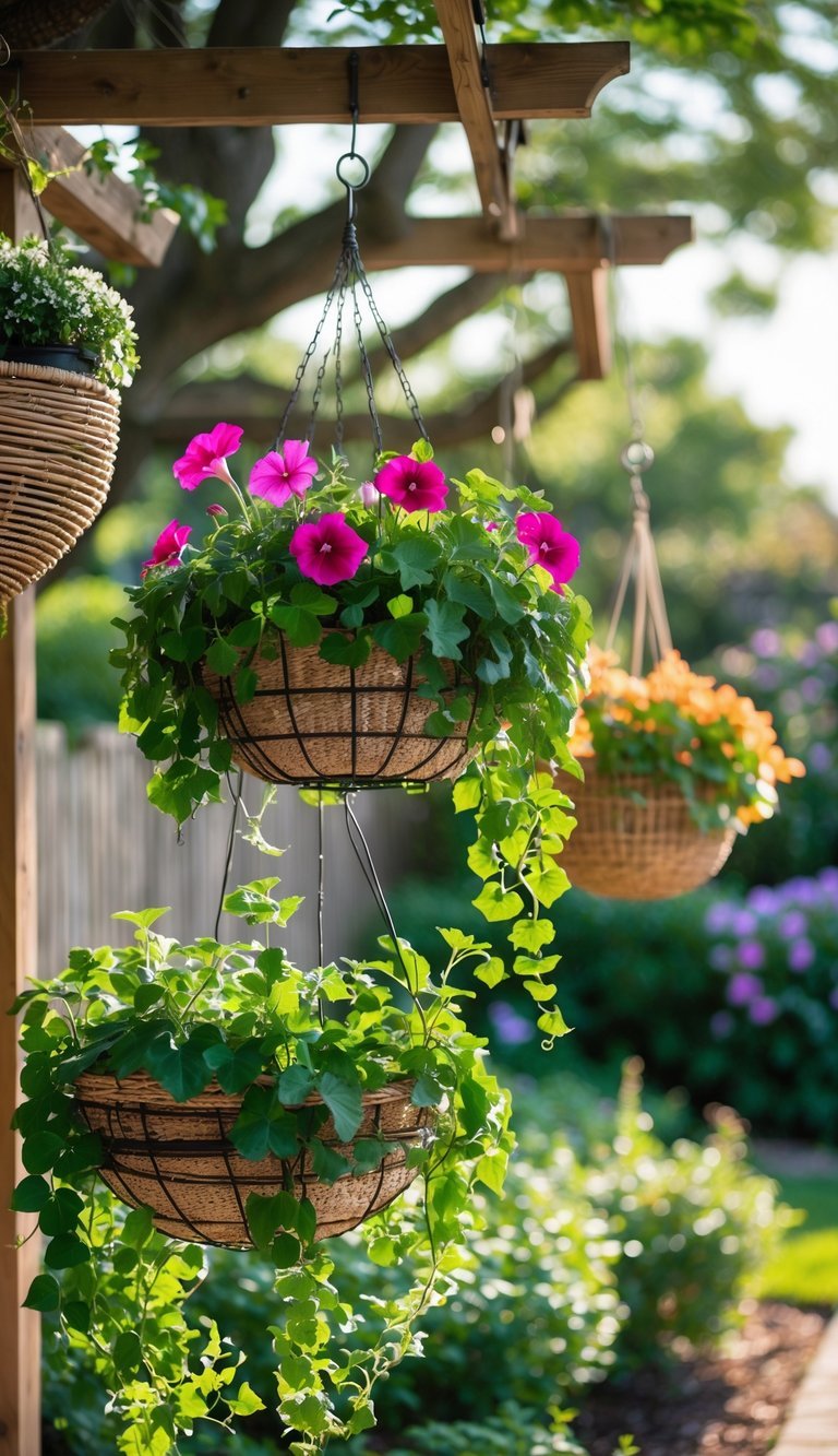 Hanging Basket Garden Ideas: 10 Easy Ways to Transform Your Small Space in the US 2 Several hanging baskets filled with green plants and colorful flowers displayed outdoors in a sunny garden.