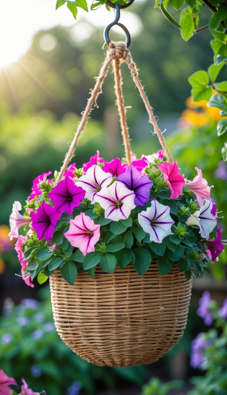Hanging Basket Garden Ideas: 10 Easy Ways to Transform Your Small Space in the US 3 A hanging basket filled with blooming pink, purple, and white petunias in a garden.