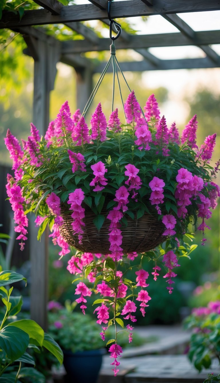 Hanging Basket Garden Ideas: 10 Easy Ways to Transform Your Small Space in the US 4 A hanging basket filled with blooming pink and purple fuchsia flowers surrounded by green leaves in a garden.