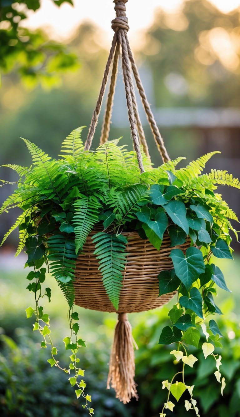 Hanging Basket Garden Ideas: 10 Easy Ways to Transform Your Small Space in the US 5 A hanging basket filled with green ferns and trailing ivy plants outdoors.