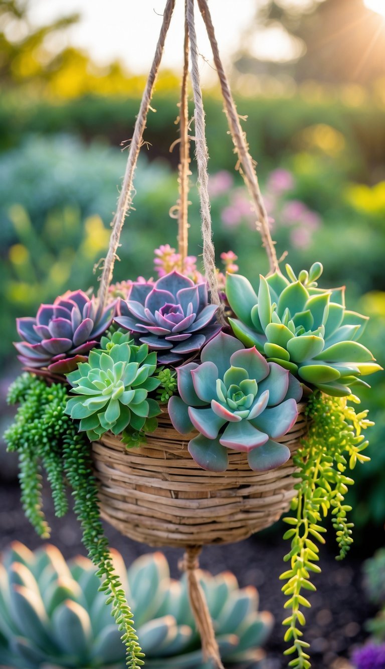 Hanging Basket Garden Ideas: 10 Easy Ways to Transform Your Small Space in the US 6 A hanging basket filled with various colorful succulents against a blurred garden background.
