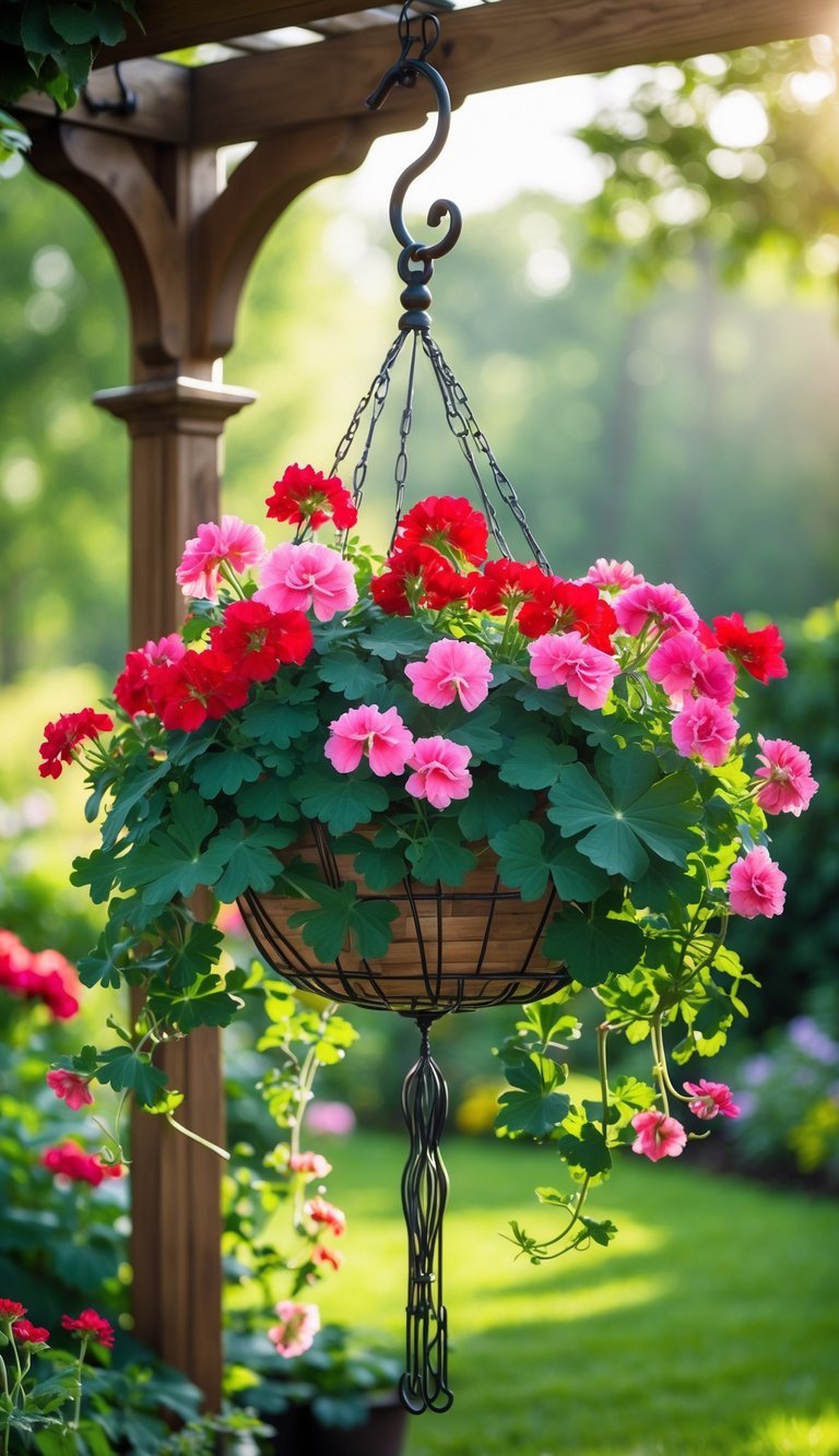 Hanging Basket Garden Ideas: 10 Easy Ways to Transform Your Small Space in the US 8 A hanging basket filled with blooming red and pink geraniums in a garden setting.