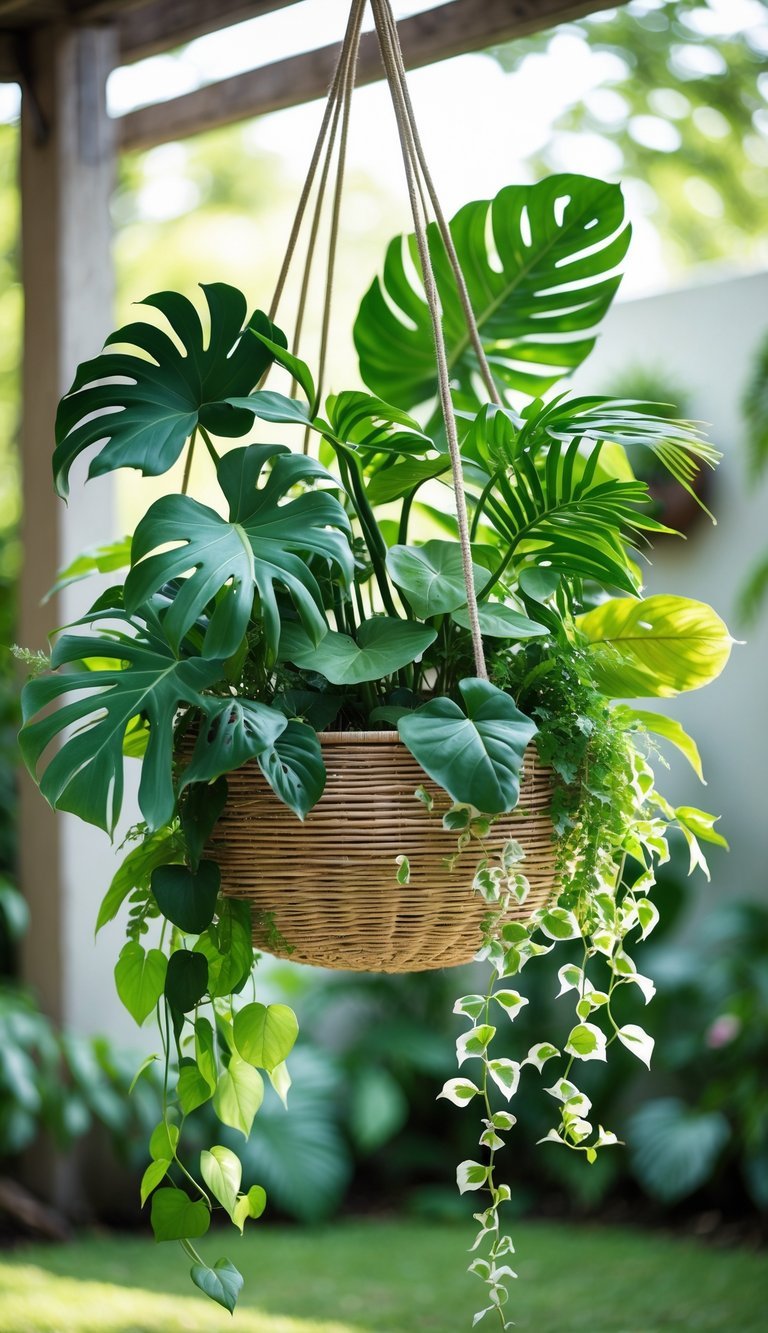 Hanging Basket Garden Ideas: 10 Easy Ways to Transform Your Small Space in the US 10 A hanging basket filled with lush tropical plants in a bright garden setting.
