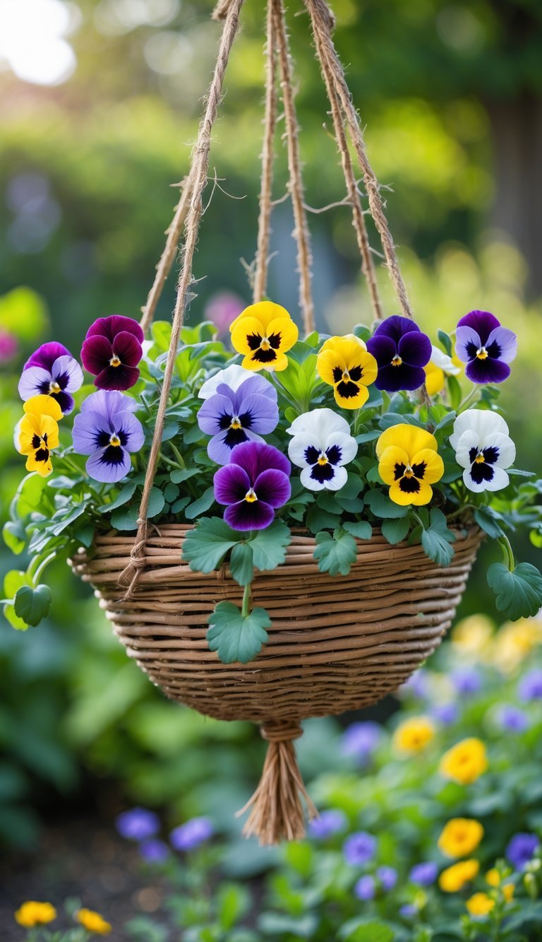 Hanging Basket Garden Ideas: 10 Easy Ways to Transform Your Small Space in the US 11 A hanging basket filled with colorful pansy and viola flowers outdoors with green garden background.