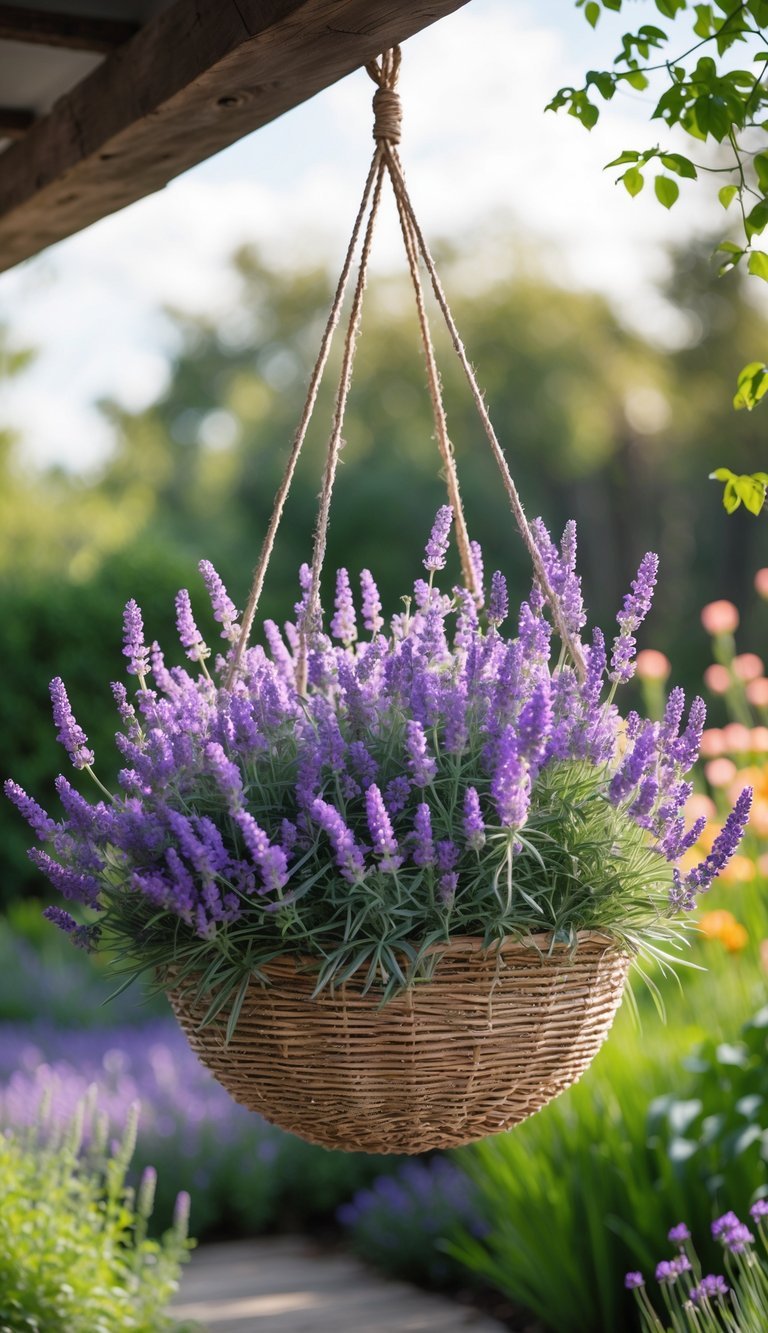 Hanging Basket Garden Ideas: 10 Easy Ways to Transform Your Small Space in the US 12 A hanging basket filled with blooming lavender flowers in a garden.