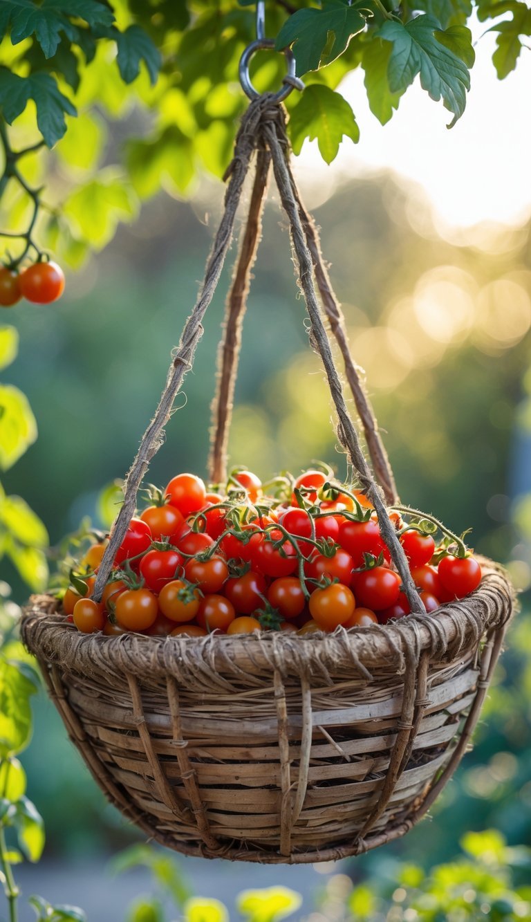 Hanging Basket Garden Ideas: 10 Easy Ways to Transform Your Small Space in the US 13 A hanging basket filled with ripe cherry tomatoes surrounded by green leaves in an outdoor garden.