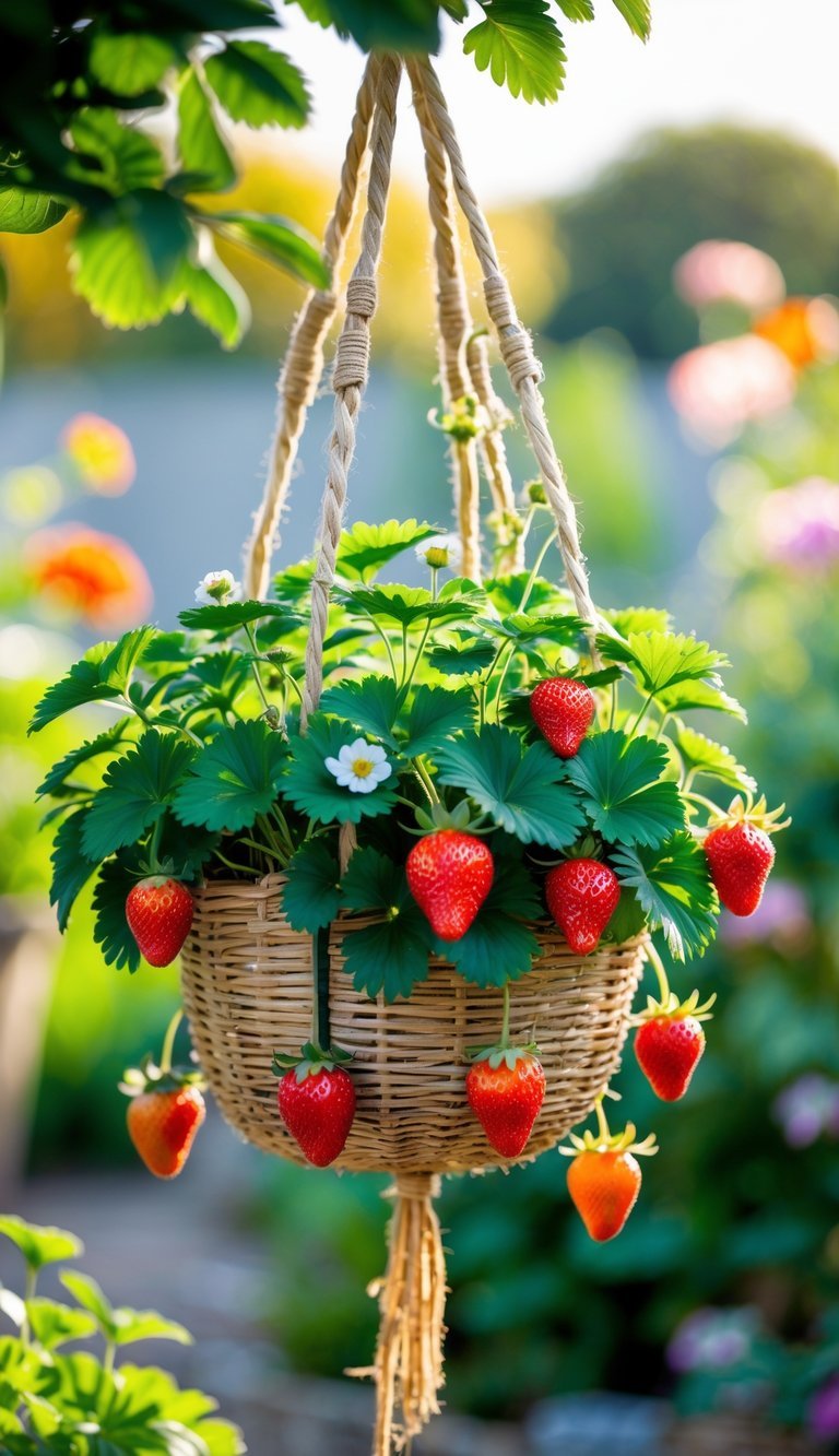 Hanging Basket Garden Ideas: 10 Easy Ways to Transform Your Small Space in the US 14 A hanging basket planter filled with green strawberry plants, white flowers, and ripe red strawberries outdoors in a garden.