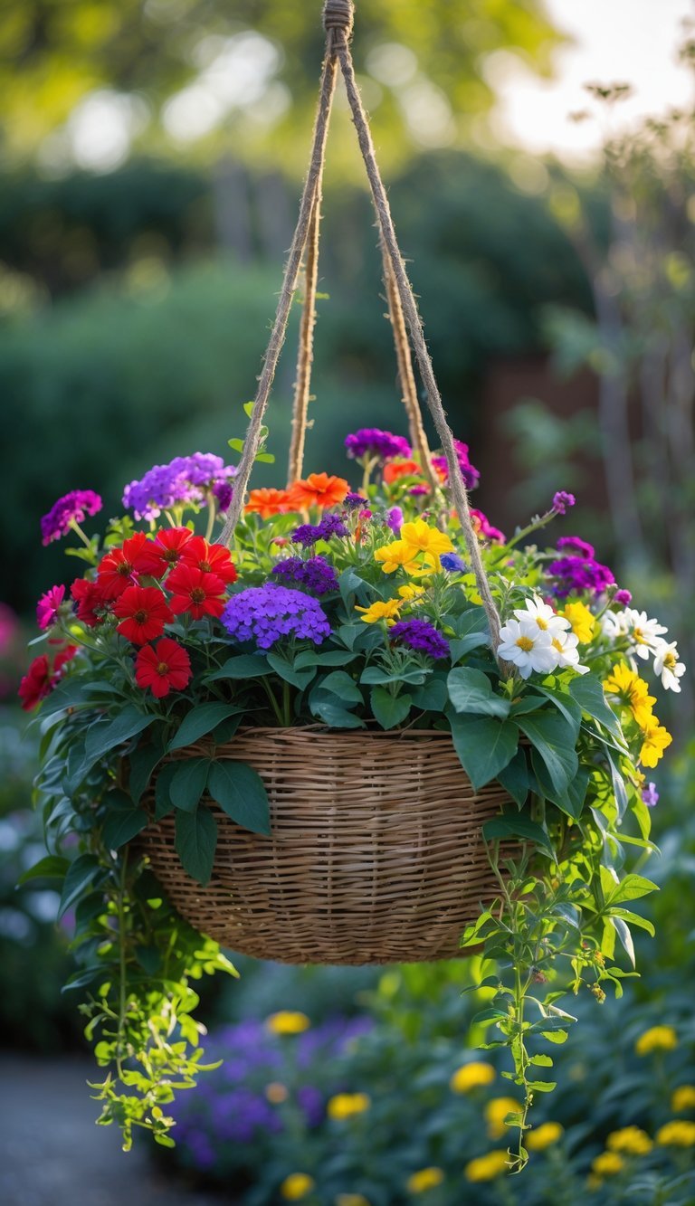 Hanging Basket Garden Ideas: 10 Easy Ways to Transform Your Small Space in the US 15 A hanging basket filled with colorful mixed annual flowers outdoors in a garden.