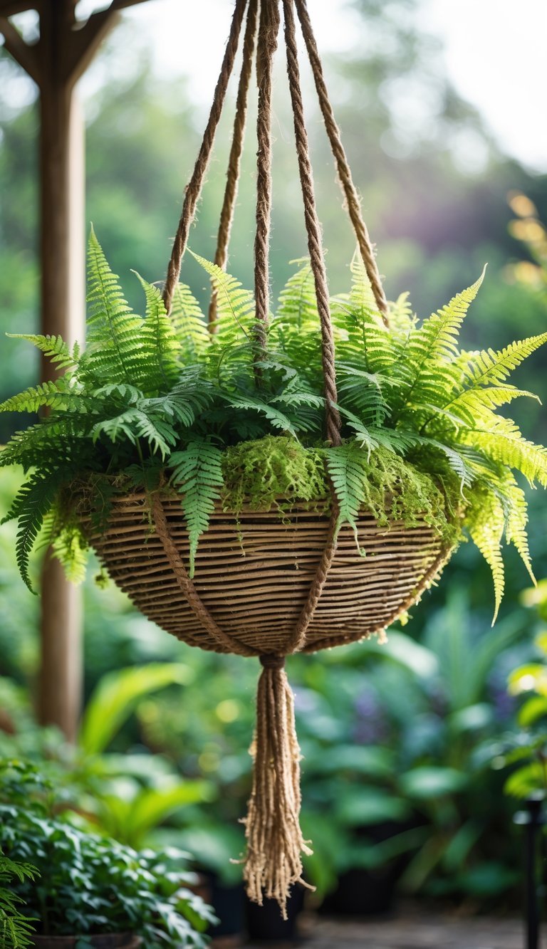 Hanging Basket Garden Ideas: 10 Easy Ways to Transform Your Small Space in the US 16 A hanging basket filled with green ferns and moss in a garden setting.
