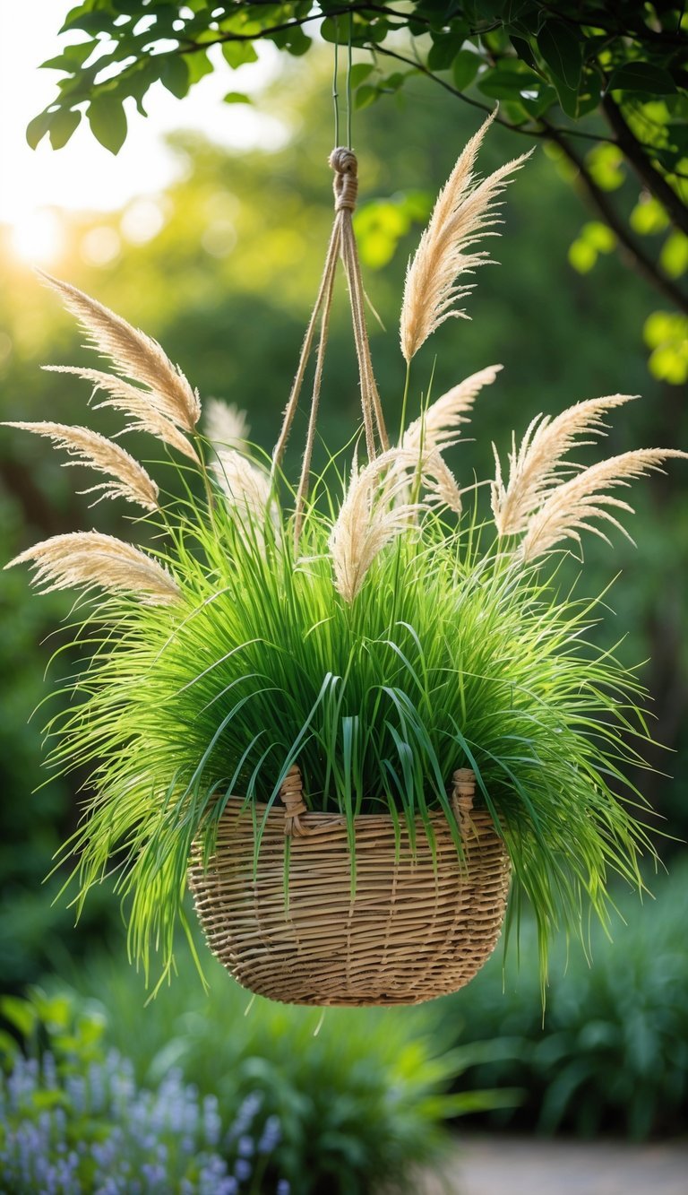 Hanging Basket Garden Ideas: 10 Easy Ways to Transform Your Small Space in the US 17 A hanging basket filled with green ornamental grasses in a garden setting.