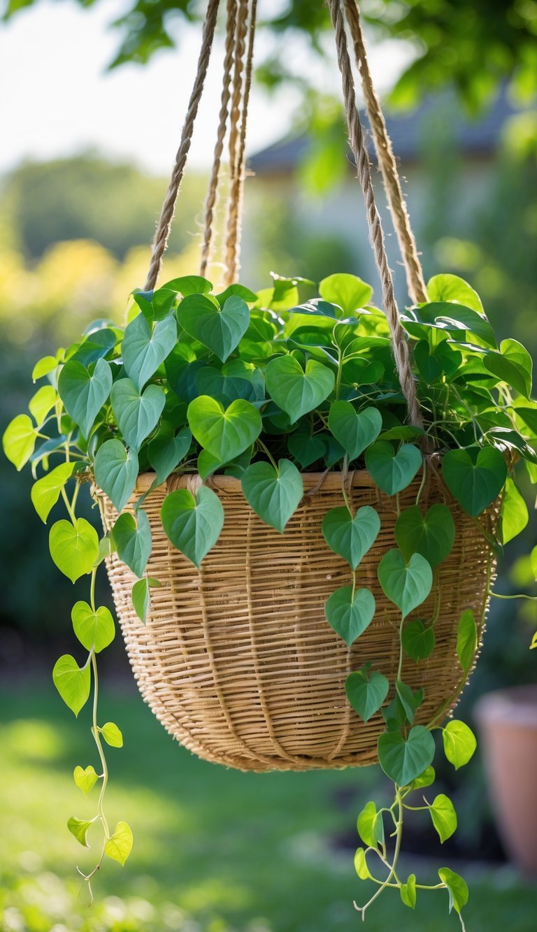 Hanging Basket Garden Ideas: 10 Easy Ways to Transform Your Small Space in the US 18 A hanging basket filled with a healthy sweet potato vine with green leaves in an outdoor garden setting.
