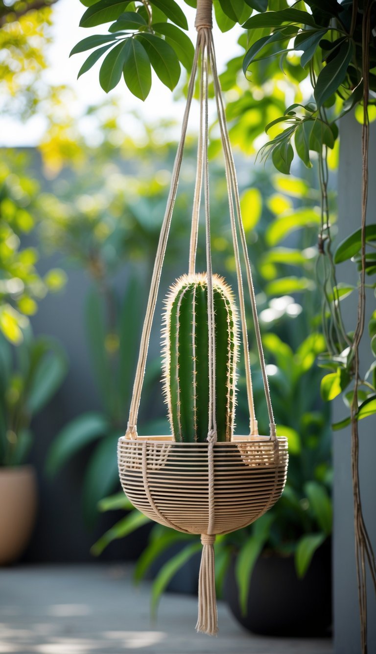 Hanging Basket Garden Ideas: 10 Easy Ways to Transform Your Small Space in the US 19 A hanging basket with a green cactus plant suspended outdoors with greenery in the background.