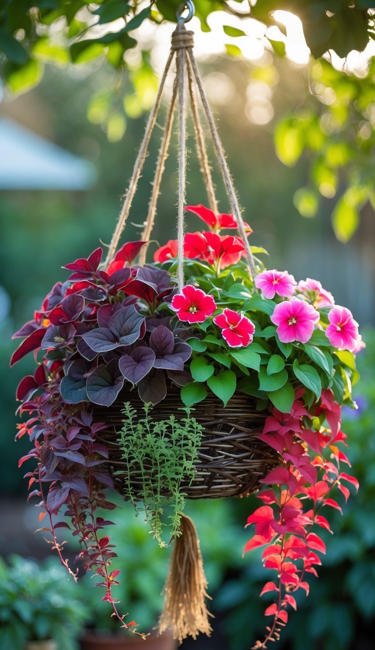 Hanging Basket Garden Ideas: 10 Easy Ways to Transform Your Small Space in the US 20 A hanging basket filled with colorful Coleus leaves and blooming Impatiens flowers outdoors.