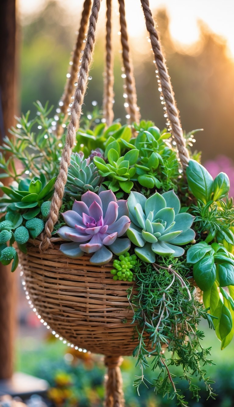 Hanging Basket Garden Ideas: 10 Easy Ways to Transform Your Small Space in the US 21 A hanging basket filled with a mix of succulents and fresh herbs suspended outdoors.