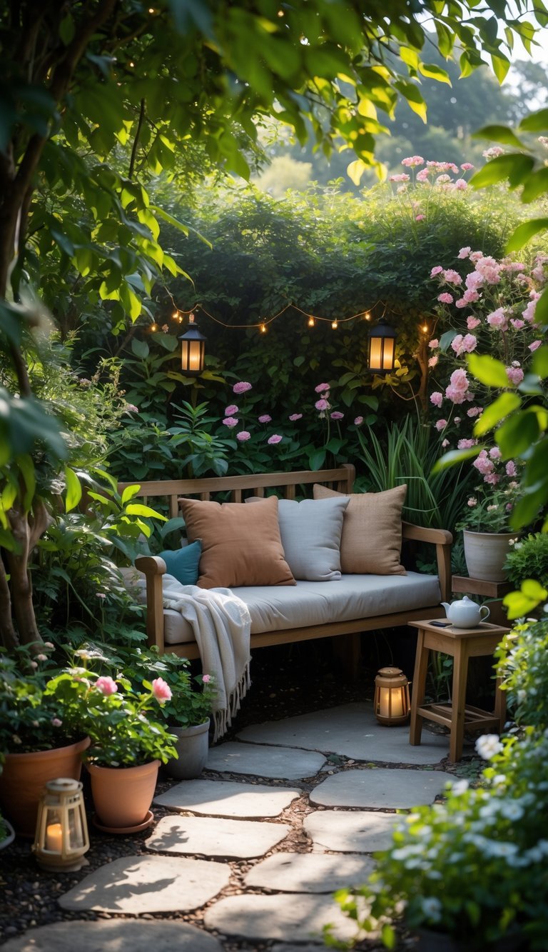 7 Garden Nook Ideas to Transform Your Outdoor Space in the US 2 A cozy garden nook with a wooden bench surrounded by plants and flowers, sunlight filtering through leaves, and a small table with a teapot.