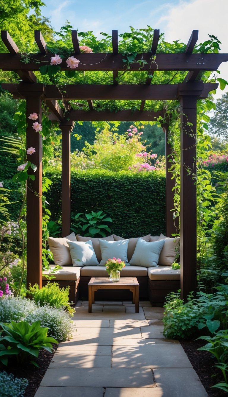 7 Garden Nook Ideas to Transform Your Outdoor Space in the US 4 A garden nook with a wooden pergola covered in vines and flowers, featuring comfortable seating and surrounded by lush plants.