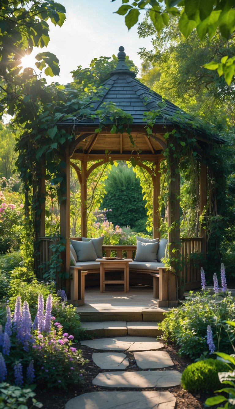 7 Garden Nook Ideas to Transform Your Outdoor Space in the US 5 A wooden gazebo covered with climbing plants in a garden surrounded by flowers and greenery with a stone pathway leading to it.
