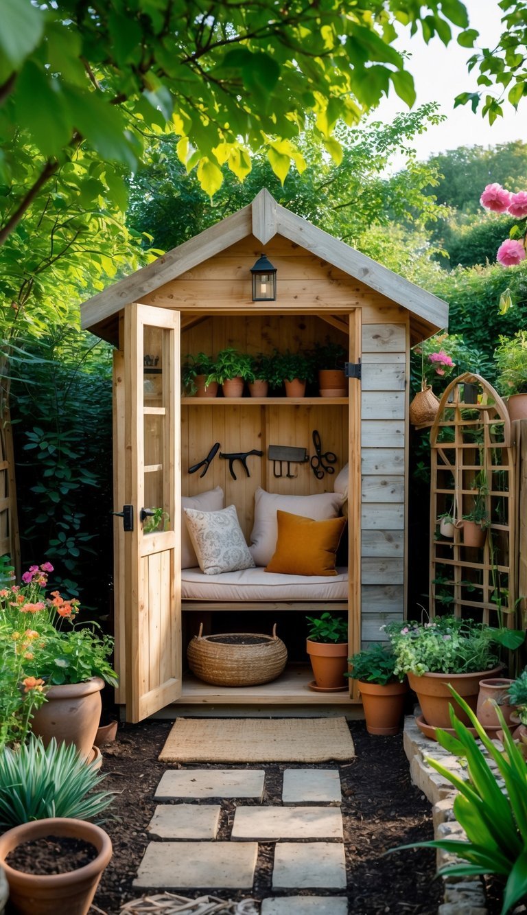 7 Garden Nook Ideas to Transform Your Outdoor Space in the US 6 A rustic wooden garden shed converted into a cozy nook with cushions, surrounded by plants and flowers.