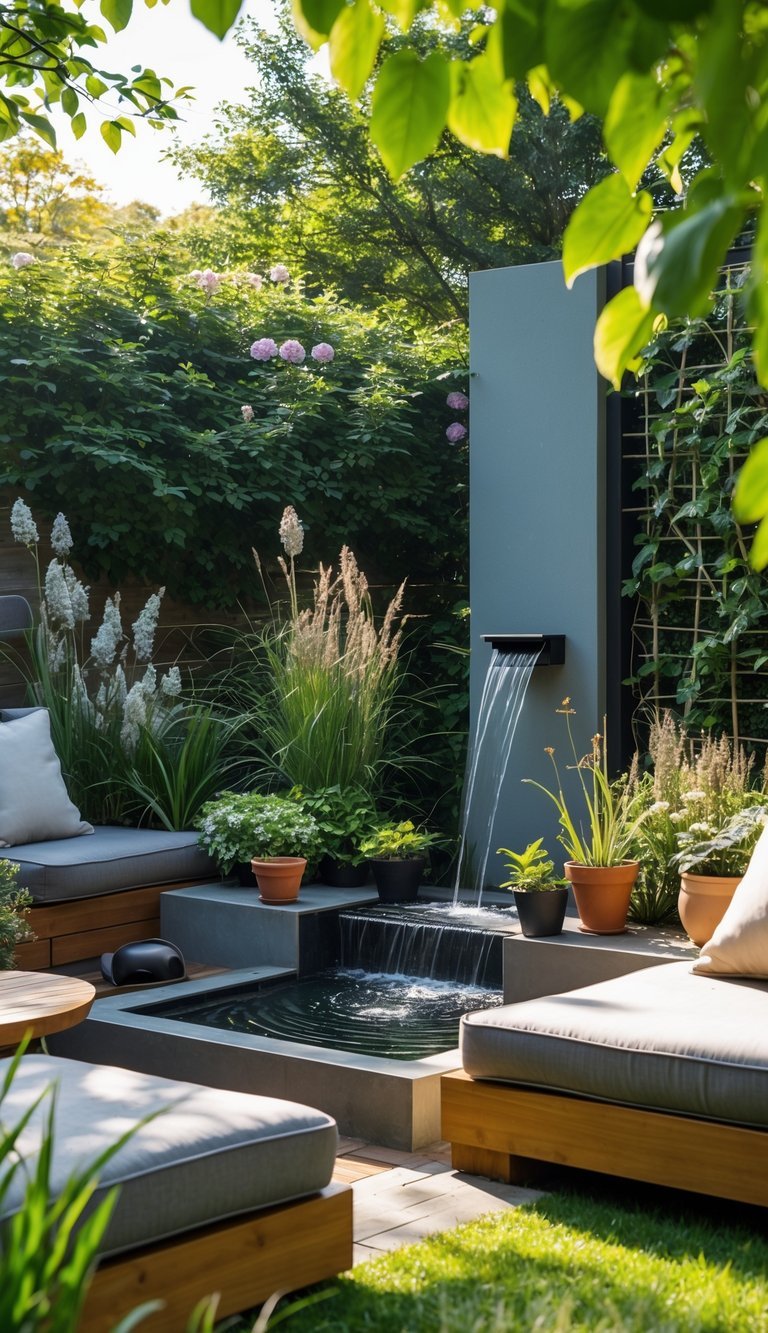 7 Garden Nook Ideas to Transform Your Outdoor Space in the US 7 A garden nook with a stone water fountain surrounded by cushioned wooden benches and lush green plants.