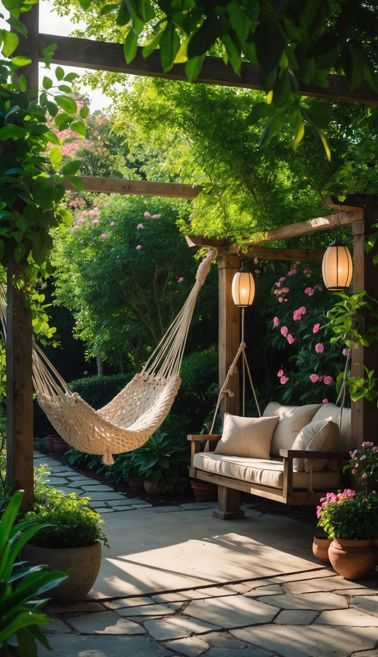 7 Garden Nook Ideas to Transform Your Outdoor Space in the US 8 A peaceful garden nook with a hammock and a swing surrounded by green plants and flowers.