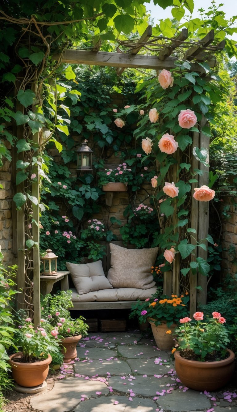7 Garden Nook Ideas to Transform Your Outdoor Space in the US 9 A cozy garden nook with a wooden bench surrounded by lush plants, flowers, and a wooden trellis in a secluded garden corner.