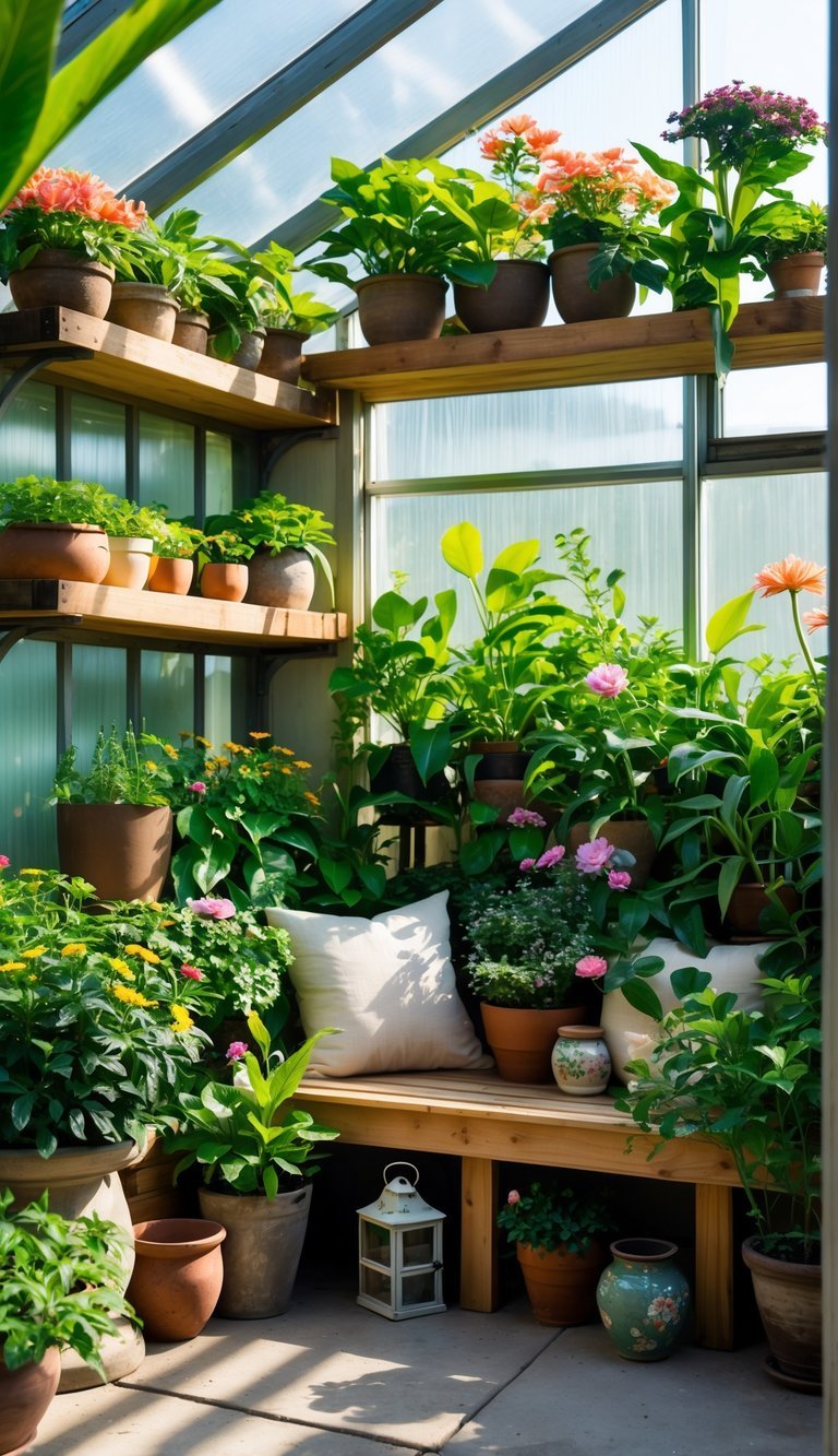 7 Garden Nook Ideas to Transform Your Outdoor Space in the US 10 A cozy greenhouse nook filled with green plants, flowers, wooden shelves, and a wooden bench bathed in sunlight.