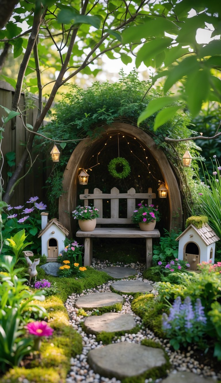 7 Garden Nook Ideas to Transform Your Outdoor Space in the US 11 A peaceful garden nook with a wooden bench surrounded by lush plants, miniature fairy houses, flowers, and soft sunlight filtering through trees.