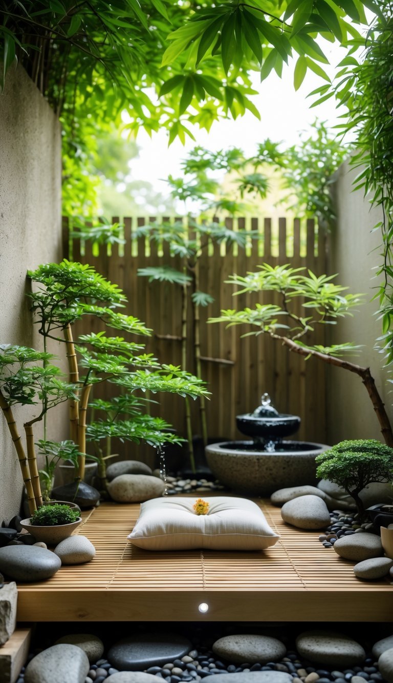 7 Garden Nook Ideas to Transform Your Outdoor Space in the US 12 A peaceful garden nook with a wooden platform, meditation cushion, bamboo plants, bonsai trees, and a small stone water fountain surrounded by greenery.