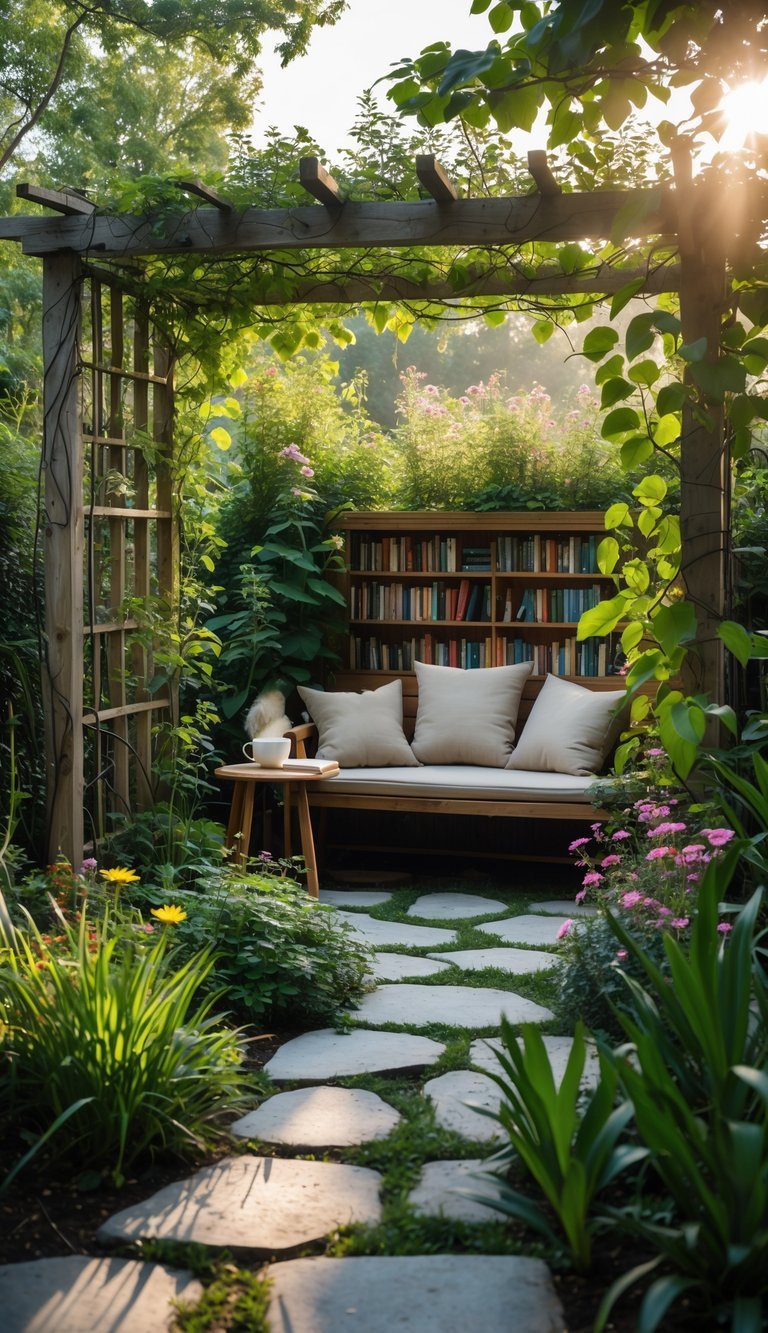 Outdoor garden nook with a wooden bench, cushions, books, and surrounding plants.