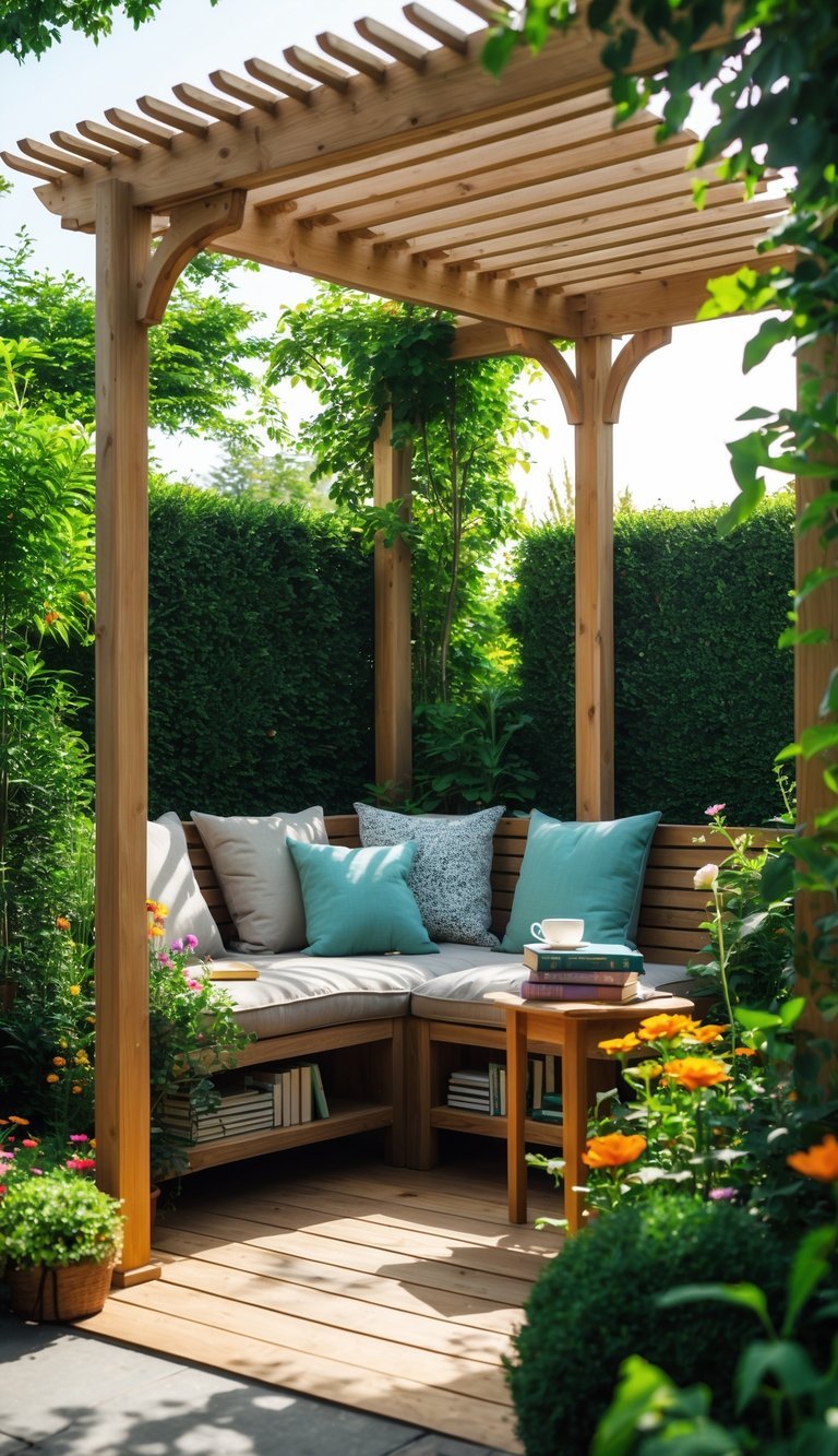 Outdoor garden reading corner under a wooden pergola with seating, books, and plants.