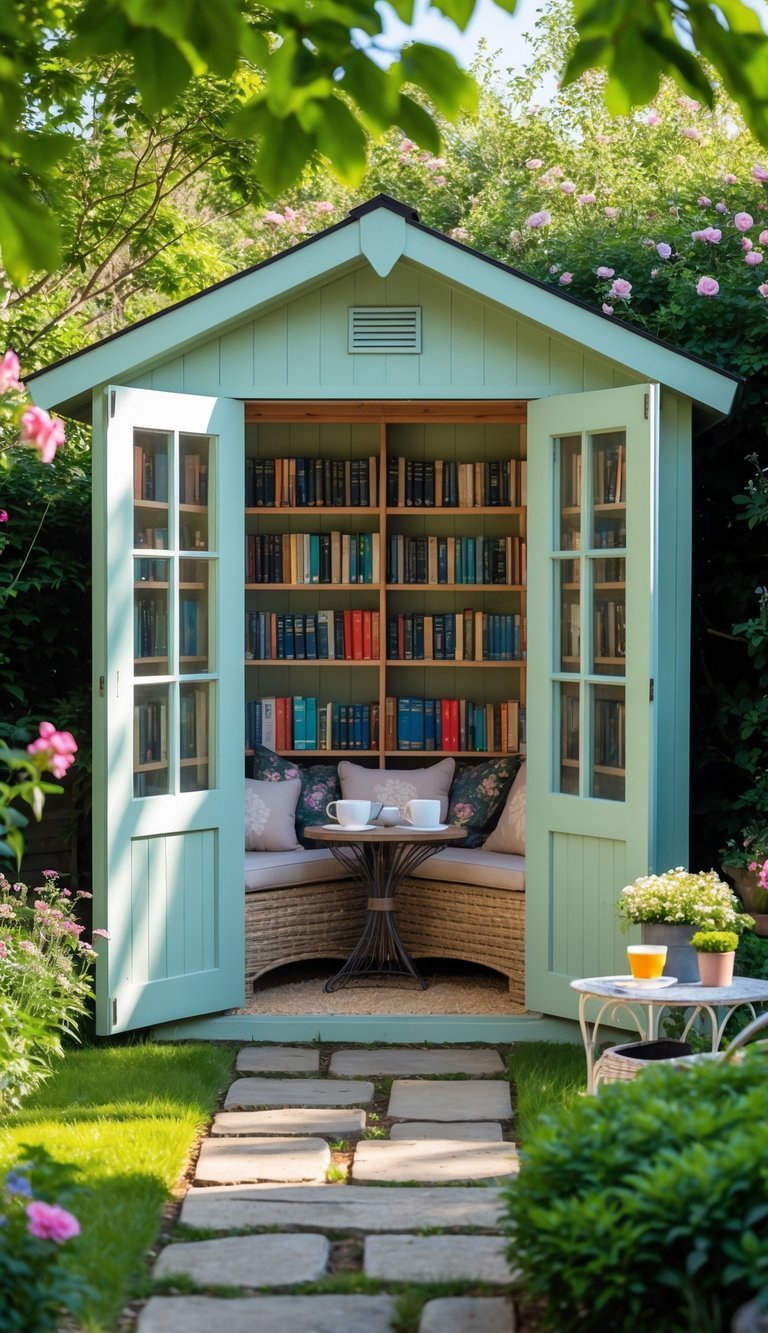 An outdoor garden nook with a small repurposed shed filled with books, surrounded by greenery and flowers, featuring a cozy seating area.