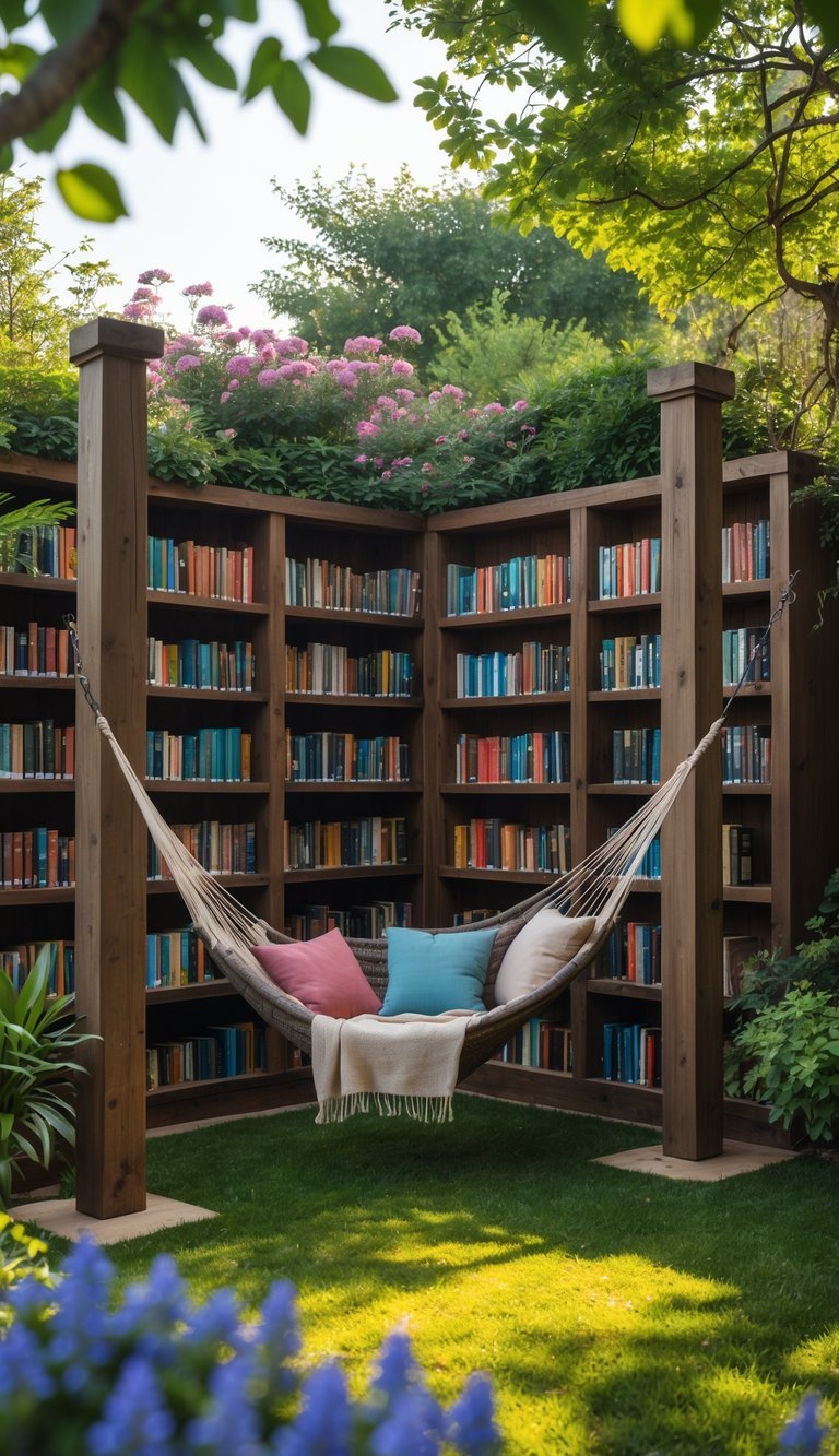Hammock hanging outdoors surrounded by wooden bookshelves filled with books in a garden setting.