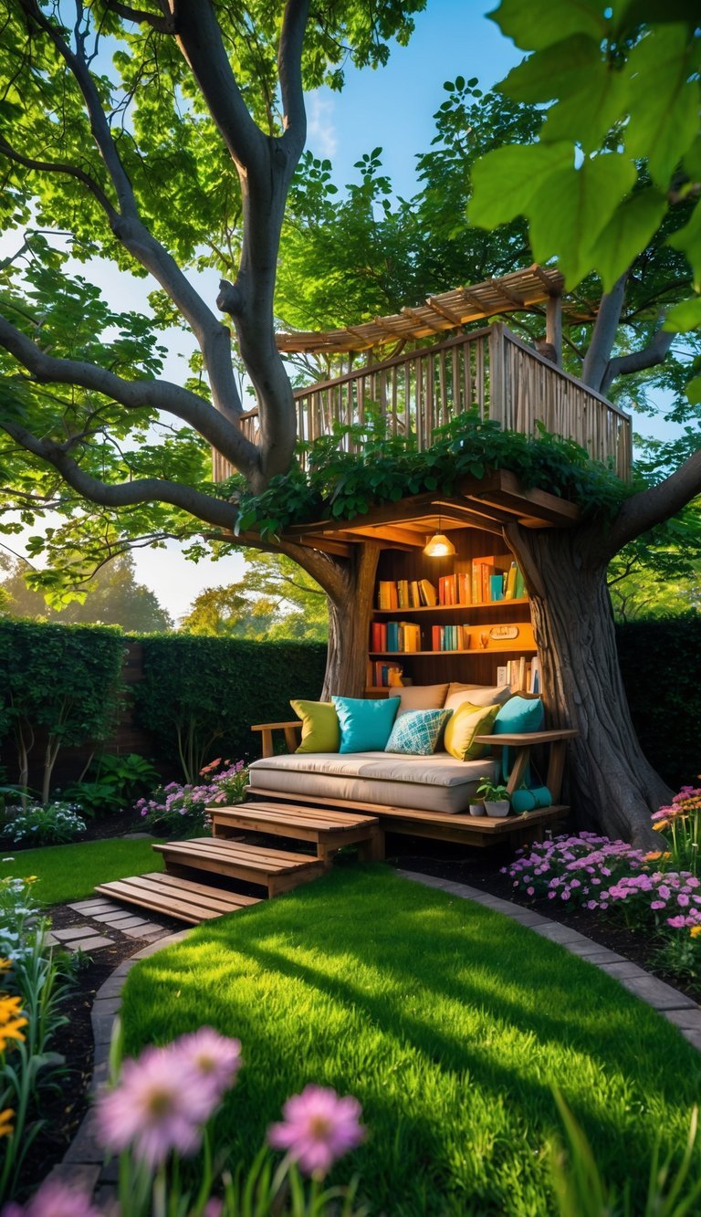 A treehouse reading nook in a garden surrounded by trees, cushions, books, and flowers.