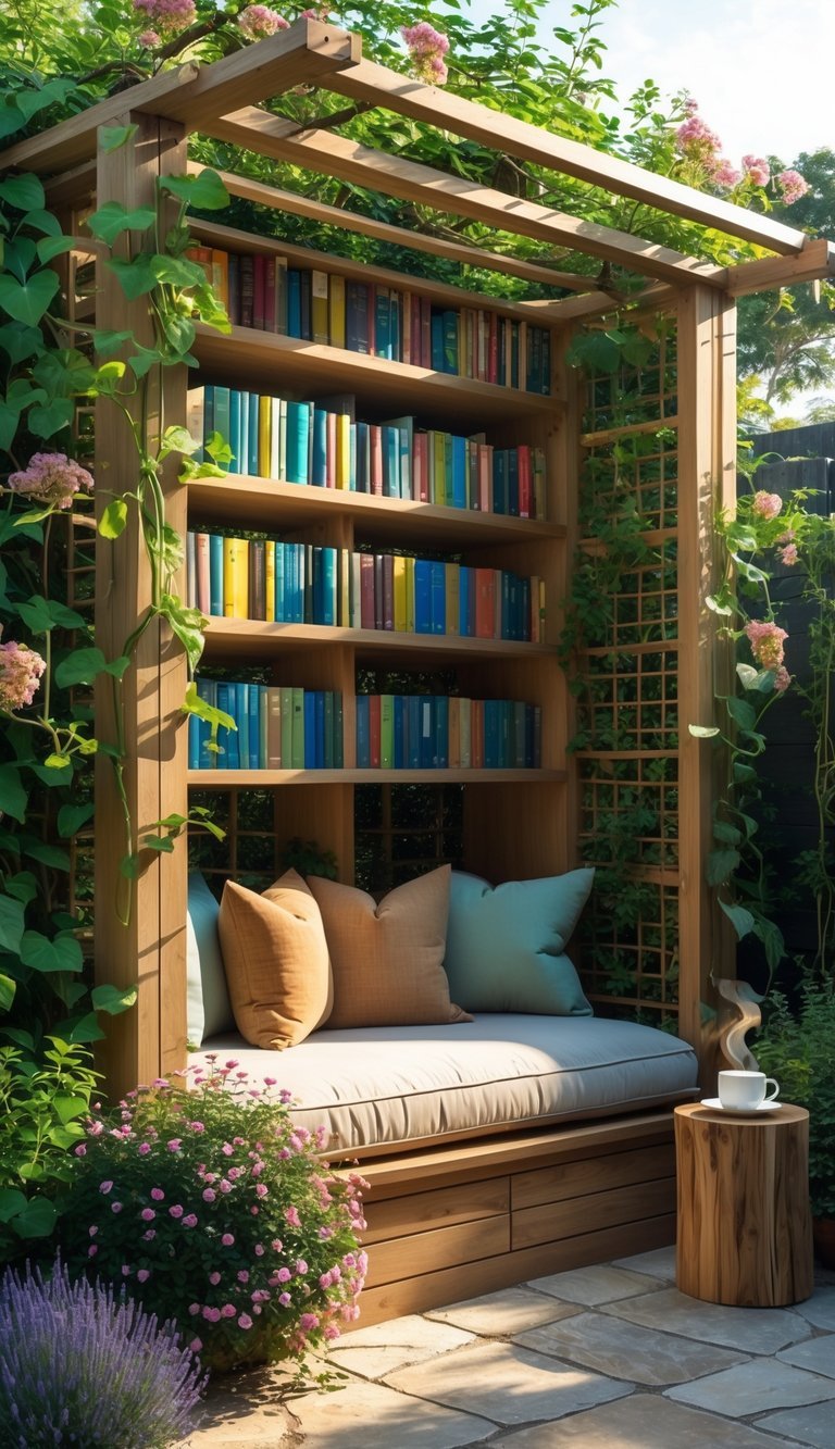 Outdoor garden nook with an open-air wooden bookshelf and cushioned bench seating surrounded by green plants and flowers.