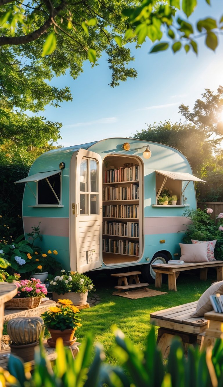 A vintage caravan converted into a mini outdoor library surrounded by plants and garden seating.
